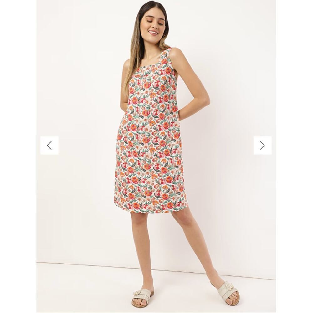 Women Linen Flax Floral Square Neck Midi Dress Sz 8 Sleeveless Summer Vacation